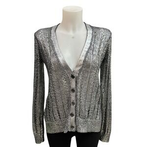 BCBGmaxazria Reyes Slate Grey Silver Metallic Knit Cardigan‎ Sweater XS NEW
